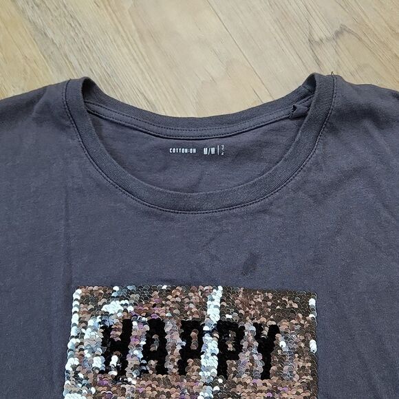 🔹️Cotton On Gray w/Sequined Happy Hangry Short Sleeve Top Medium - Picture 4 of 12